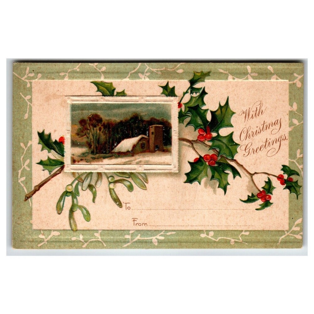 Vintage Embossed Christmas Holly Mistletoe Winter Cabin Postcard Germany